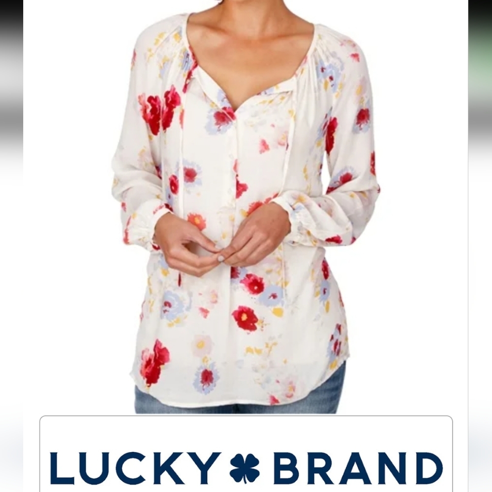 NWOT Lucky Brand Long Sleeve Major Floral Peasant Top Neck Tie White Pink Blue